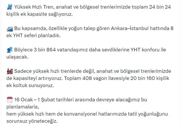 Bakan Uraloğlu: Ara tatilde trenlerimizde 24 bin 24 kişilik ek kapasite sağlıyoruz