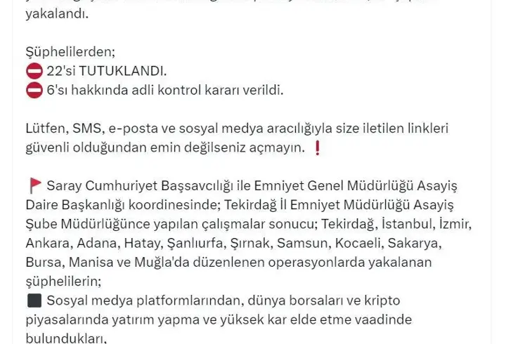 Tekirdağ merkezli 14 ilde organize suç örgütüne operasyon; 22 tutuklama