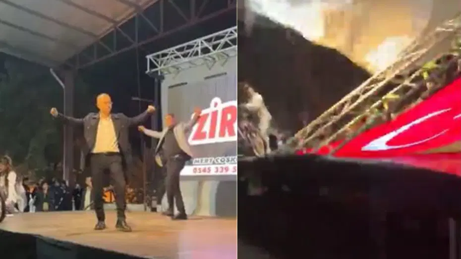 Etkinlikte led ekran devrildi. Başkan ve sunucu saniyelerle kurtuldu