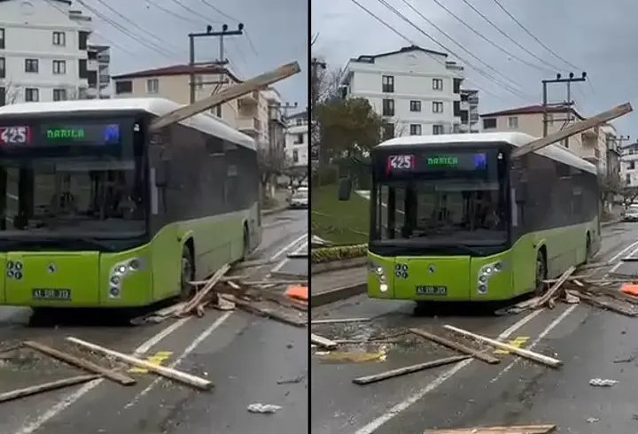 Yer: Kocaeli! Korku dolu anlar: Çatıdan koptu otobüse saplandı!