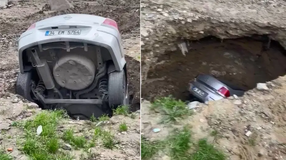 Esenyurt'ta yer yarıldı otomobil içine düştü. O anlar kamerada 