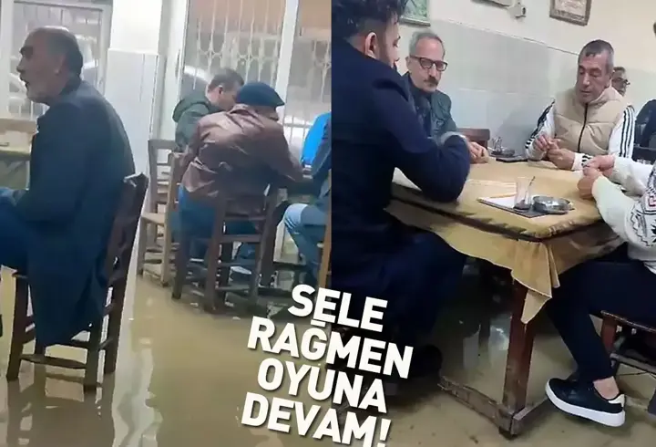Su baskını bile onları durduramadı! Kıraathaneyi sel aldı, oyun oynayanlar bir milim kıpırdamadı