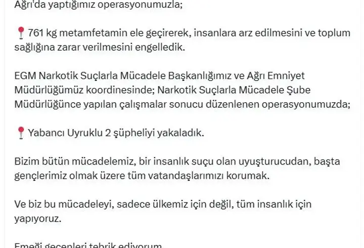 Ağrı'da 761 kilo metamfetamin ele geçirildi: 2 gözaltı