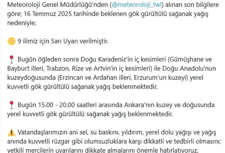 İçişleri Bakanlığı'ndan 9 il için 'sağanak' uyarısı