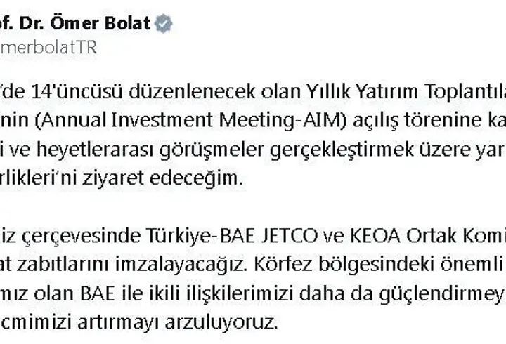 Bakan Bolat, Birleşik Arap Emirlikleri'ne gidiyor