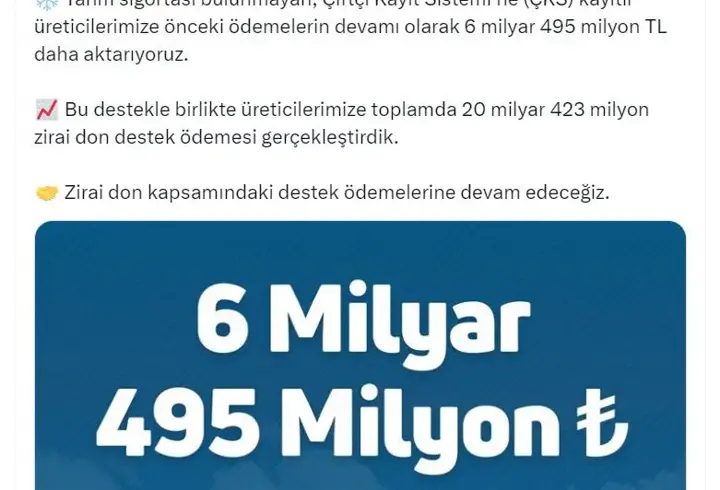Bakanlıktan üreticilere 20 milyar 423 milyon lira zirai don desteği
