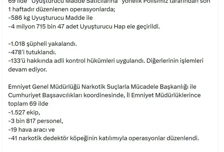 69 ilde uyuşturucu operasyonu: 478 tutuklama