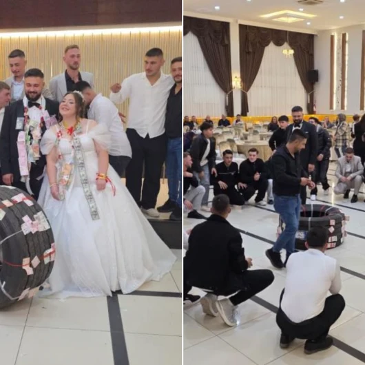 Bandırma'da Tır Şoförü Damada Arkadaşları Düğünde Takı Olarak 25 Bin Liralık Tır Lastiği Taktı
