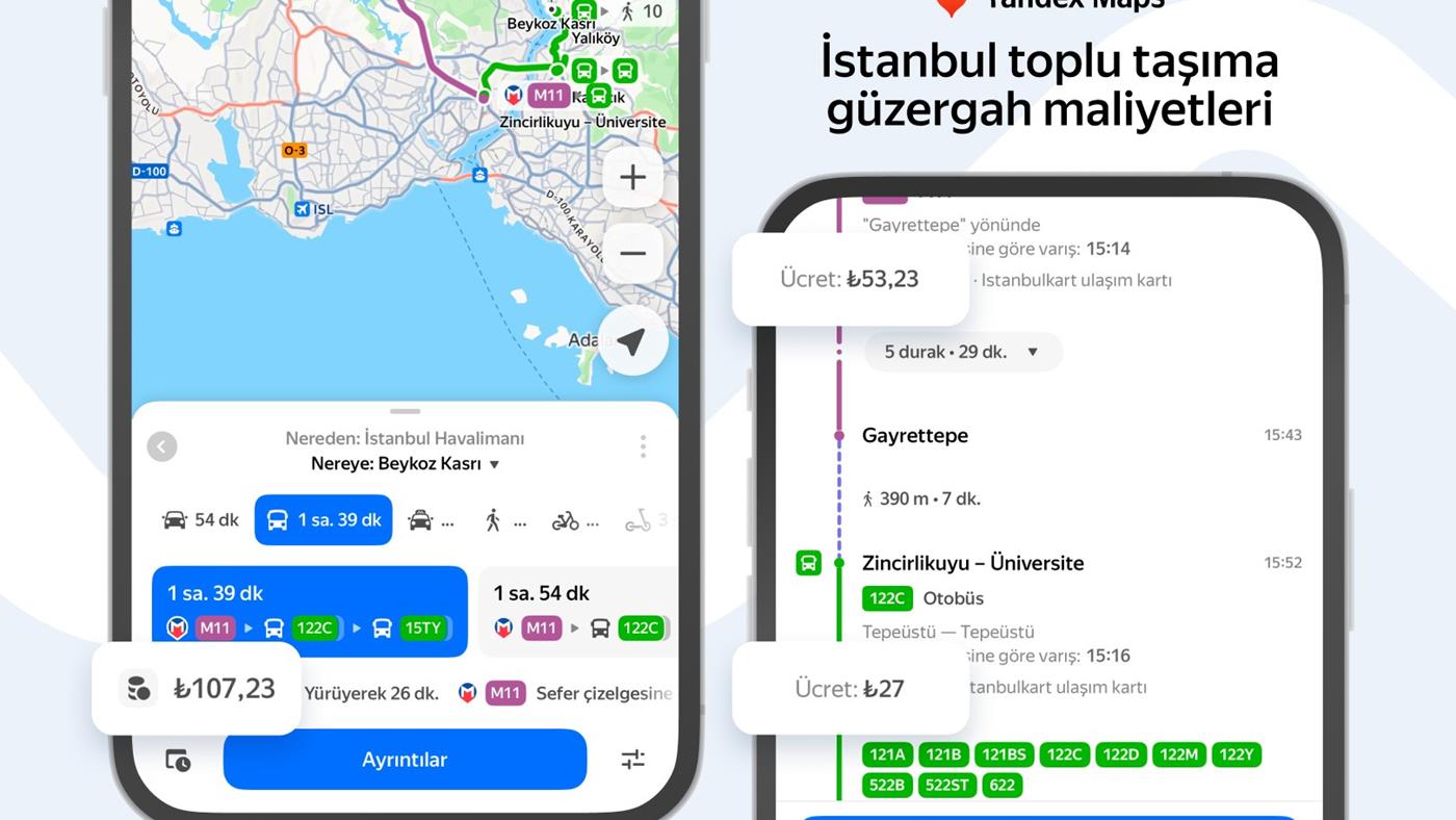 Yandex Maps, İstanbul'da toplu taşıma ücretlerini göstermeye başladı